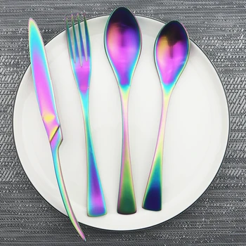 

24pcs/set Rainbow Cutlery Set 304 Stainless Steel Dinnerware Set Knife Dessert Fork Spoon Dinner Set Kitchen Matte Tableware Set