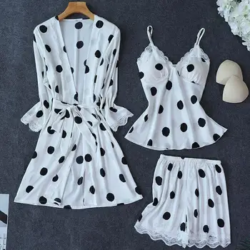 

Women's Dot Sexy Slip Dress Nightdress Shorts Three-Piece Spring & Autumn Nightgown Home Clothing Lace Pajamas with Chest Pad