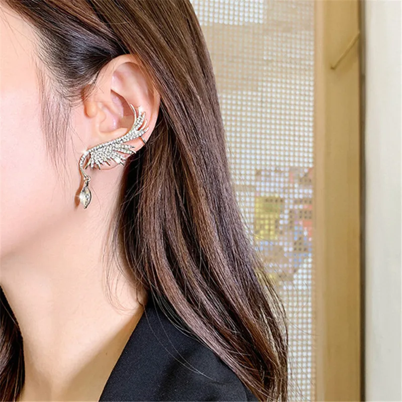 FYUAN Мода Полный Стразы Крыло клип серьги в виде капель для Для женщин Bijoux(украшения своими руками) блестящих в форме капли воды с украшением в виде кристаллов Длинные Висячие серьги, ювелирные изделия в качестве подарка