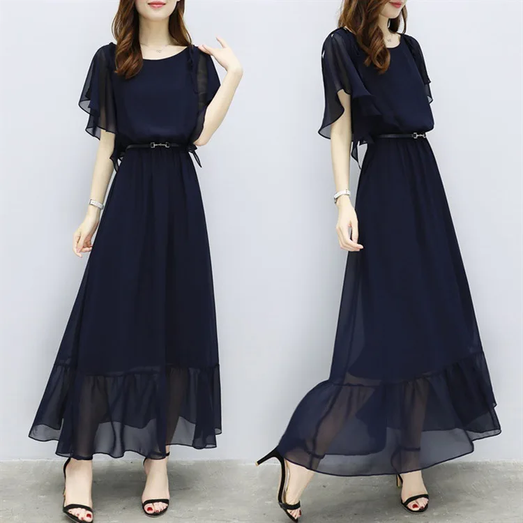 

2019 New Summer Temperament Ruffled Short-sleeved Dress Waist Waist Slim Chiffon Big Swing Dress Female Tide