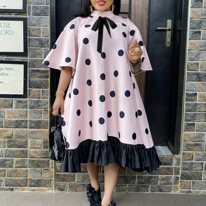 Pink Dress Oversized Stand Collar Short Sleeve Knee Length Loose Style Women Boho 2022 Fashion Casual Ruffle Dresses for Ladies | Женская