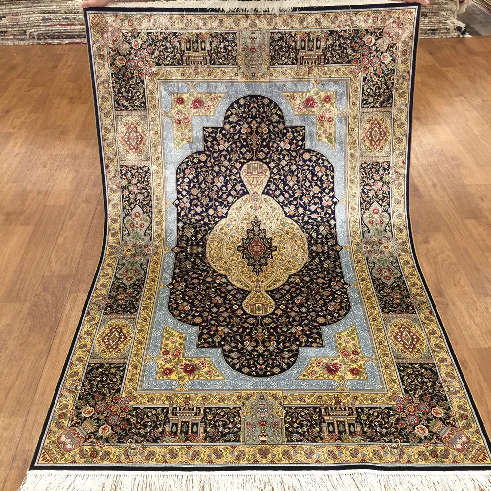 Yilong 4 'x 6' красивый Шелковый бежевый и синий цвет восточные руки завязанный