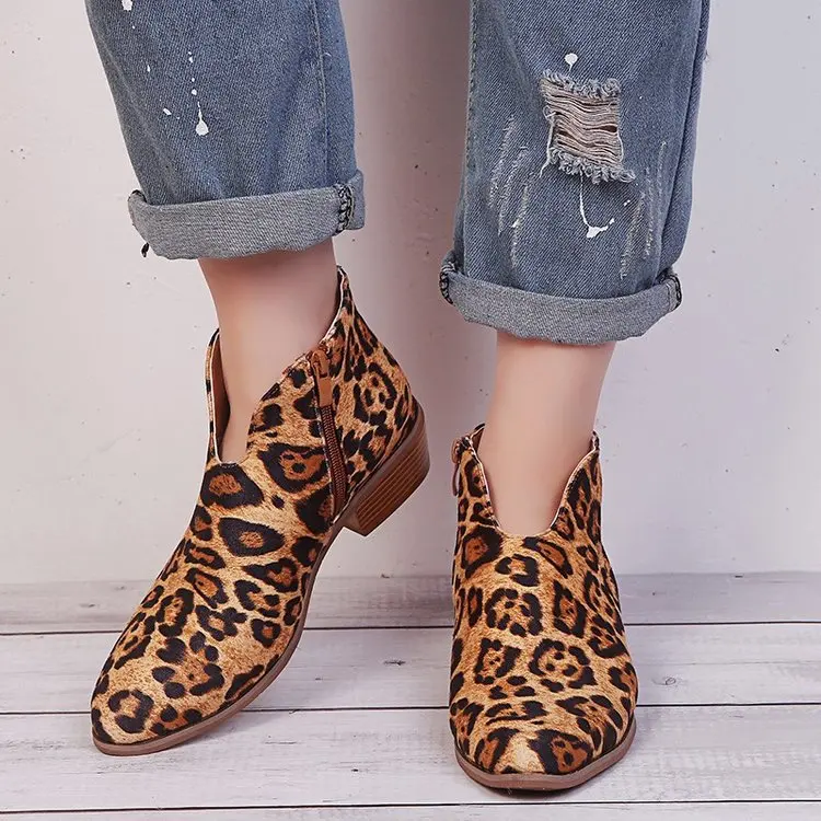 

Women Shoe New Style Leopord Pattern Large Size Chunky-Heel Martin Boots Women's Europe And America Side Zipper Semi-high Heeled