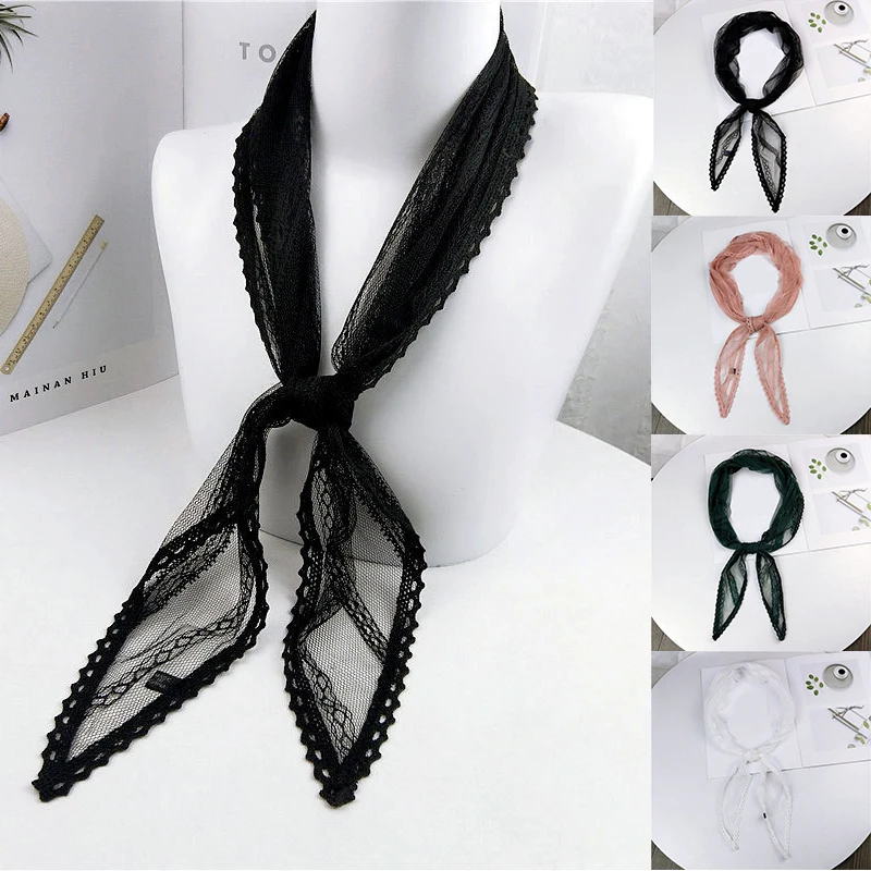 

40*113cm Solid Color Wave Edge Lace Small Scarf Women Neck Hair Tie Head Wrap And Scarves 2020 Elegant Lace Scarf Foulard Femme