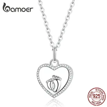 

bamoer Parents and Baby Footorints Heart Pendant Necklaces for Women Memory Gifts 925 Sterling Silver Fashion Jewelry SCN354