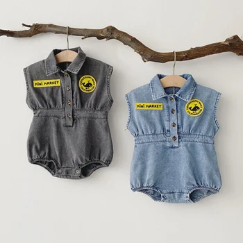 

2020 Toddler Kids Girl Denim Clothes Sleeveless Bodysuit cartoon summer New Baby Boy Jumpsuit Outfit Baby Clothes 0-24M