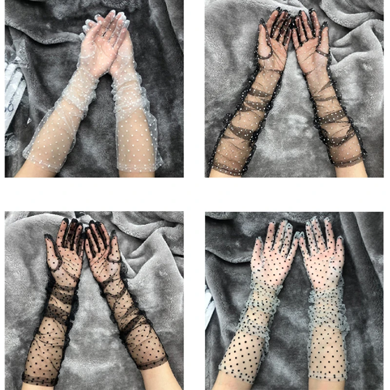 New 1 Pair Women Short Tulle Gloves Stretchy Lace Spots Full Finger Mittens Mesh | Аксессуары для одежды