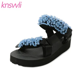 

Flower String Bead Platform Sandals Women Hook Peep Toe Casual Flat Beach shoes Ladies Sequins Thick Sole Comfort Woman Sandals
