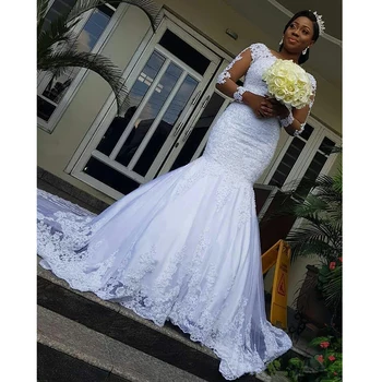 

2020 Illusion Long Sleeves African Wedding Dress Mermaid Lace Applique Trumpet Wedding Gowns Sweep Train Bridal Dresses