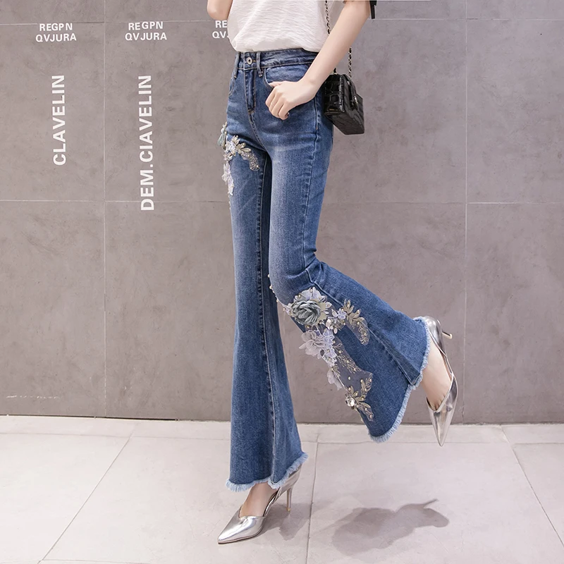 

Stretchy Plus Size Women Flare Jeans Pant 3D Flower Embroidery Tassels Pearls Skinny Jeans Woman High Waist Mom Jeans Trousers