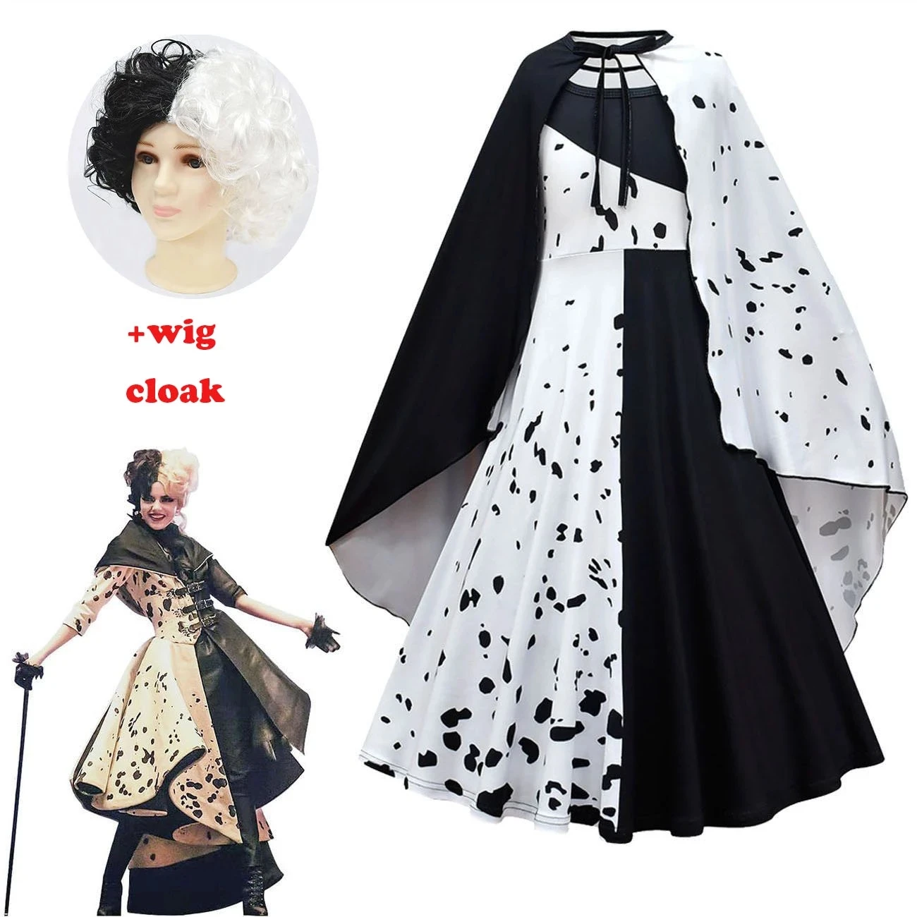 Женский костюм горничной Cruella De Vil черно-белый в горошек для Хэллоуина |