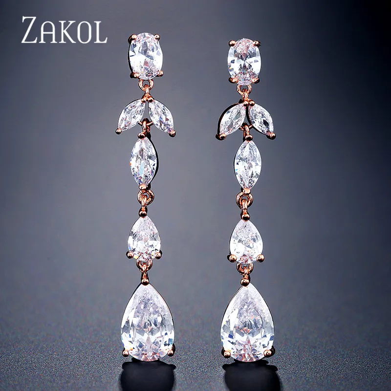 Rose Gold Color ZAKOL новые длинные висячие серьги в виде капли с кубическим цирконием, ювелирные изделия для невесты, для женщин, подарок на свадьбу, вечеринку, день рождения, FSEP2317 - Окраска металла: Rose Gold Color