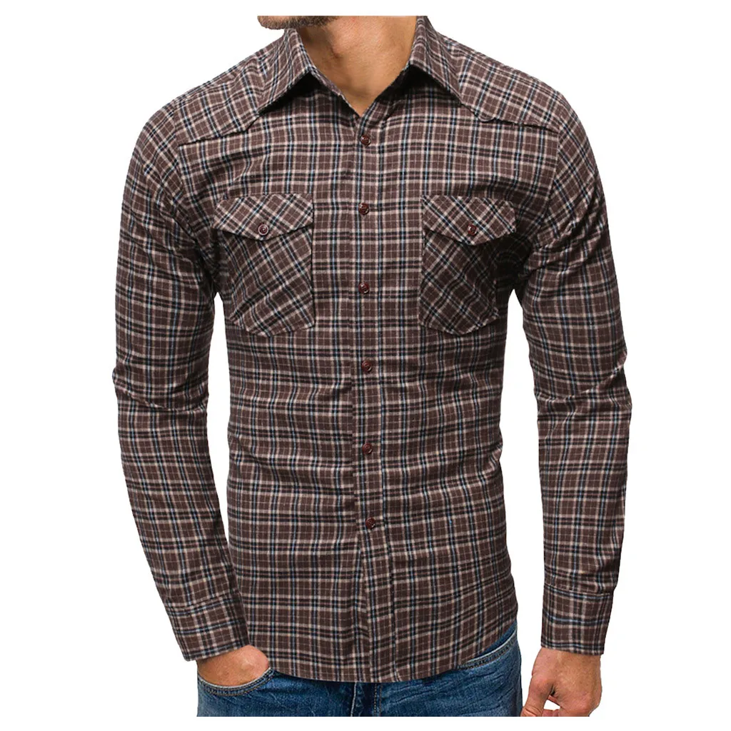 Рубашка мужская модная клетчатая деловая хлопковая Повседневная с длинным рукавом приталенная рубашка с отложным воротником мужские