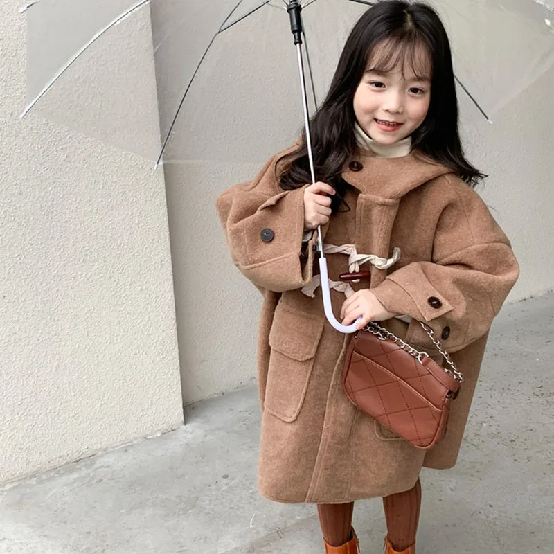 

Girls Woolen Coat 2022 New Autumn Winter Children Korean Style Fashion Thick Warm Mid-Length Hooded Jacket Kids Outerwear 2-8Y