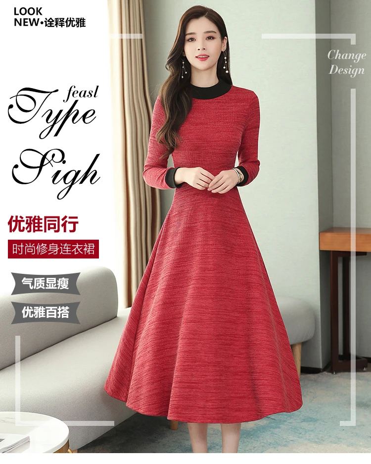 Винтажное женское Красное миди платье осень зима 3XL размера плюс одноцветное Платье макси с длинным рукавом элегантные женские облегающие вечерние платья