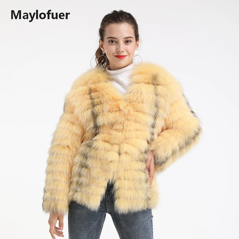 Maylofuer/желтое пальто из натурального меха лисы, Женская куртка из натурального меха с длинным рукавом, v-образный вырез, горизонтальная одежда из лисьего меха