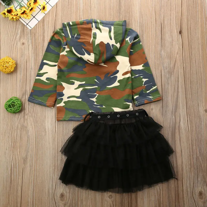 Новые комплекты одежды для маленьких девочек, камуфляжный топ с капюшоном и длинными рукавами, футболка, кружевная юбка-пачка, наряд