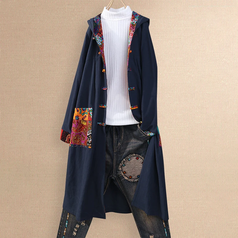 

2019 New Ladies Hooded Coat Ethnic Style Retro Printed Windbreaker Long Sleeve Cardigan Overcoat Women Plus Size Jacket