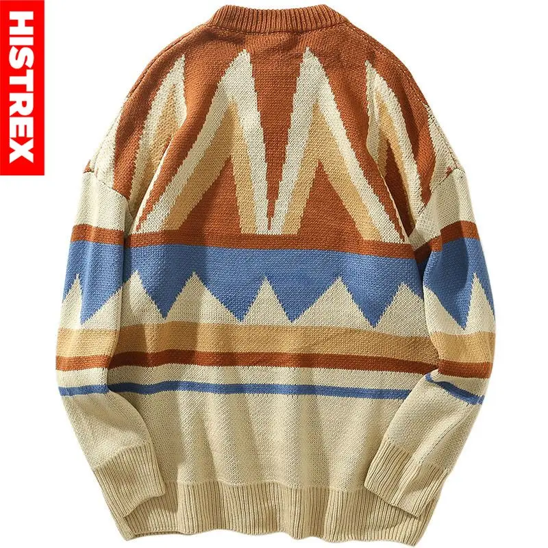 Вязаный свитер в стиле ретро хип-хоп, Мужская Уличная одежда, цветной лоскутный винтажный пуловер, свитер, модный осенний свитер