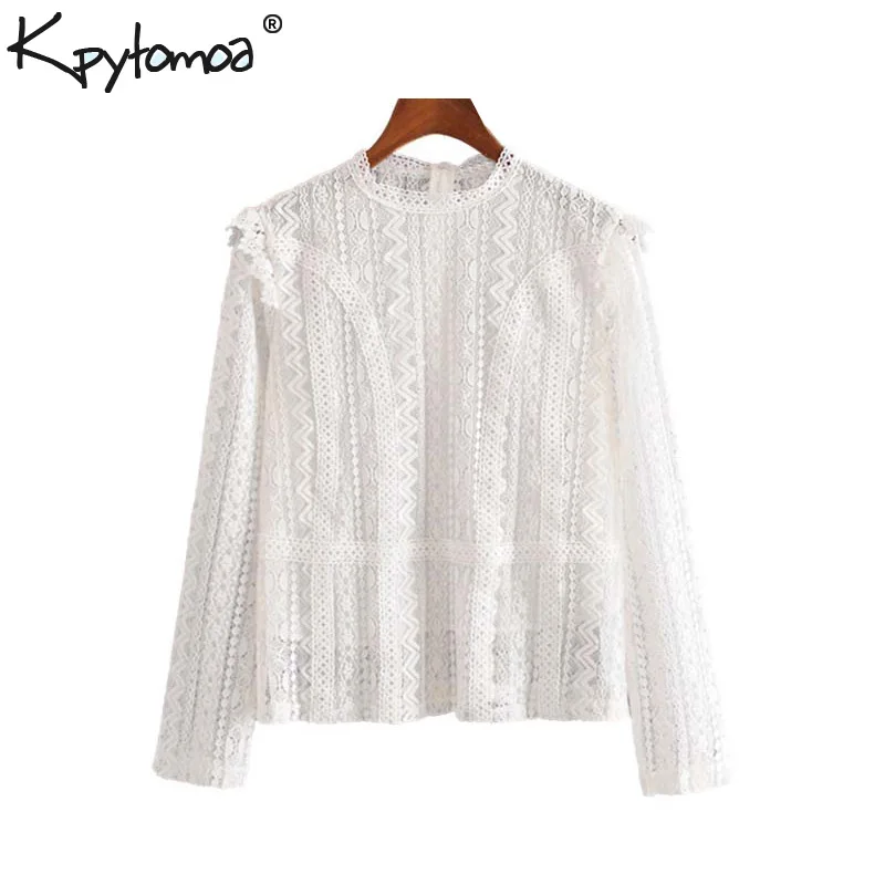  Vintage Stylish Office Lady Ruffled Lace Blouses Women 2020 Fashion Long Sleeve Back Zipper See Thr
