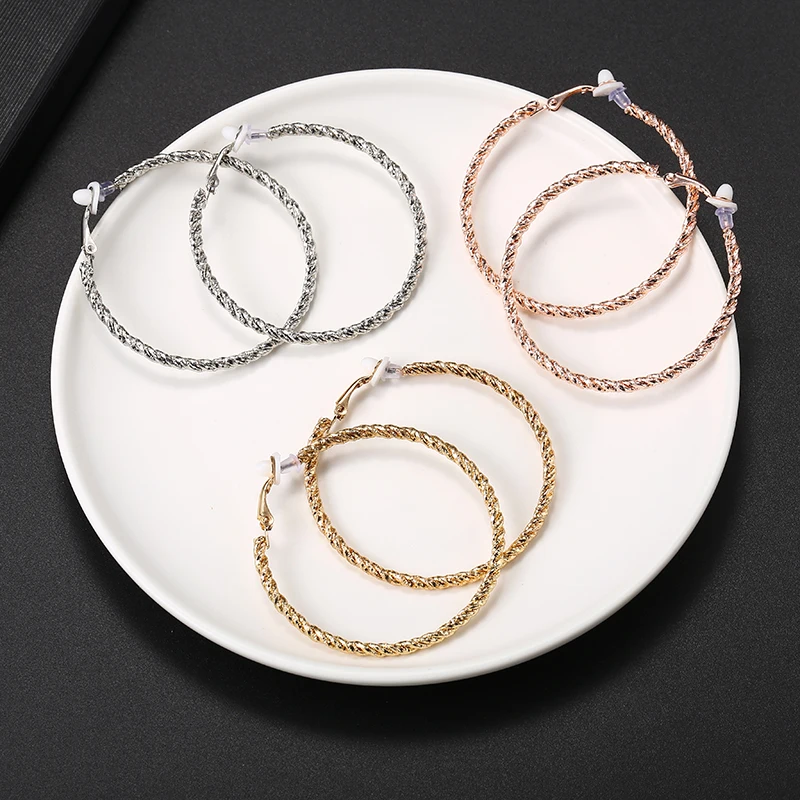 Gold Silver Color Big Round Hoop Clip Earrings No Hole for Women Twisted Circle Large Size Ear Clips Jewelry for Party