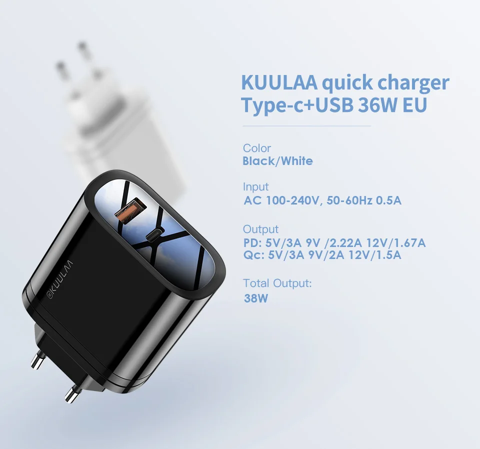 airpods usb c KUULAA USB Charger 38W Quick Charge 4.0 PD 3.0 USB Type C Fast Charger For iPhone Xiaomi Portable Mobile Phone Charger Adapter 65w charger usb c