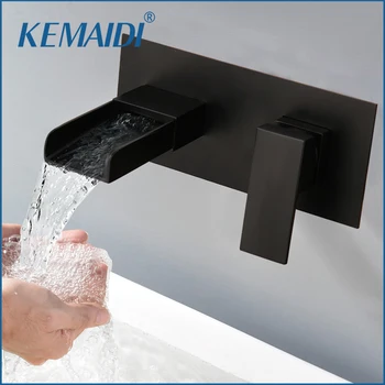 

KEMAIDI Matte Black Basin Faucet Embedded Box Valve Bathroom Sink Faucet Wall Mounted Single Handle Waterfall Mixer tap Crane