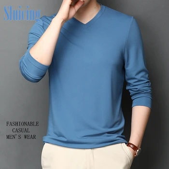 

Spring long sleeve t-shirt men's V-neck young and middle-aged silk men's bottoming shirt, casual chicken heart collar T-shirt