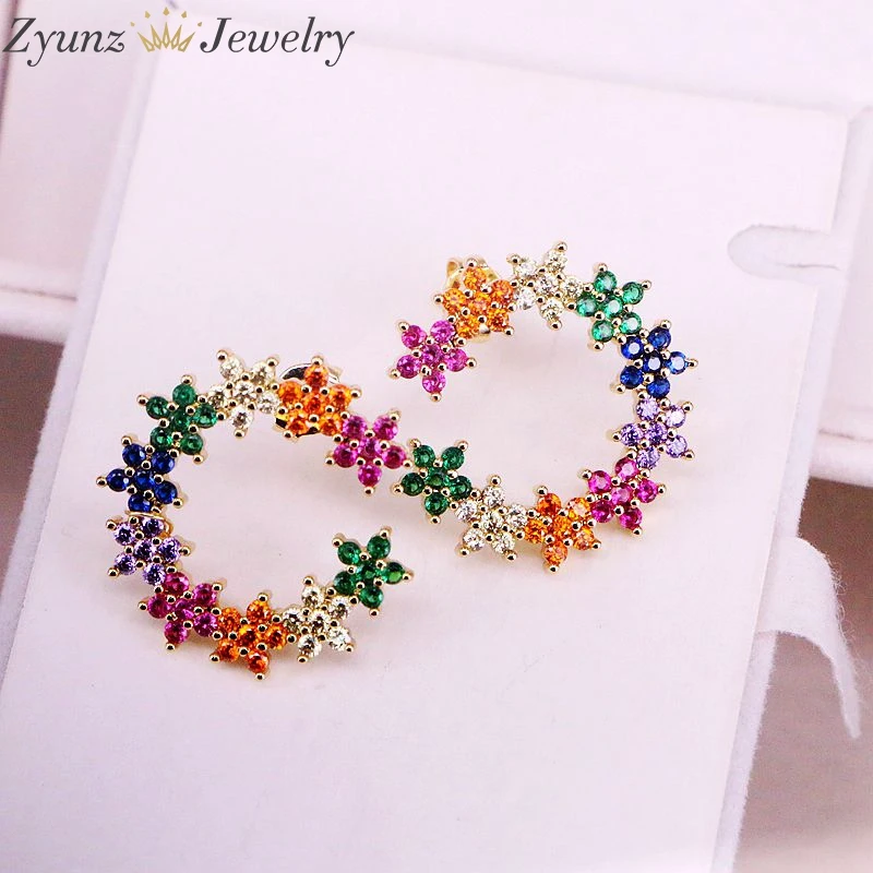 5Pairs, Rainbow CZ Zirconia Micro Pave Daisy Flowers Circle Stud Earring Sparking bling CZ Cubic Zirconia Studs