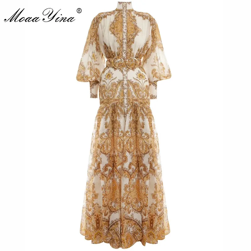 MoaaYina, модное дизайнерское платье, весна-осень, женское платье, стоячий воротник, рукав-фонарик, пояс, винтажный принт, свободные платья