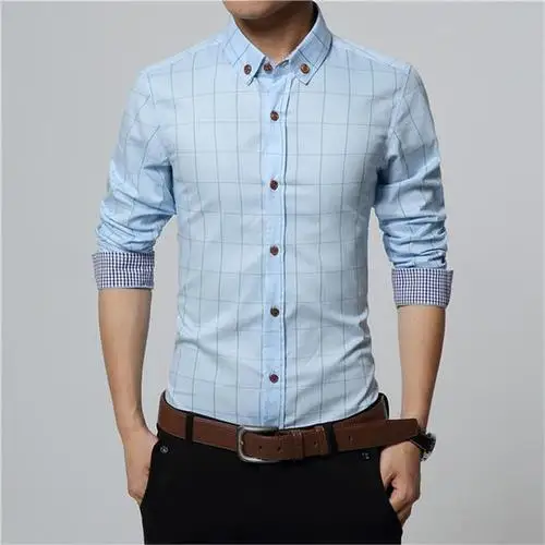 OLOEY, летняя хлопковая рубашка в клетку, плюс размер, 3XL, 4XL, 5XL, с длинным рукавом, облегающая, зеленый, темно-синий, багровый, красный, серый, повседневная мужская рубашка - Цвет: Skyblue-I26