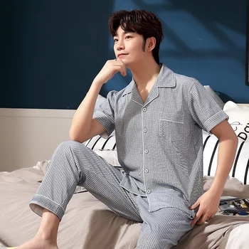 

Striped Pajamas Men Knitted Cotton Sleepwear Suit Short Sleeve Turn-down Plus Size Male Pyjamas Casual Soft Mens Summer Pijamas
