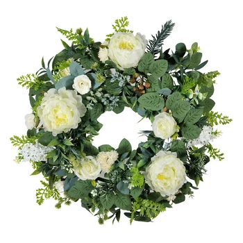 

Vintage Artificial Peony Flower Wreath with Green Leaves Christmas Decorations Outdoor, Front Door Wall Wedding Party
