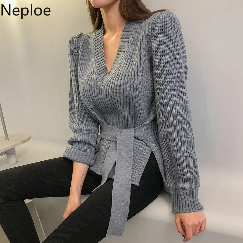 Neploe V Neck Side Cross Design Sweater Knitted Pullover Slim Waist Lace Up Pull Femme Solid Long Sleeve Sueter Winter Clothes | Женская