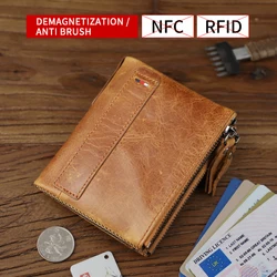 Classic Genuine Leather Men Short Wallet Crazy Horse Cowhide Designer Card Holder Wallet Anti-NFC Coin Purse For Male