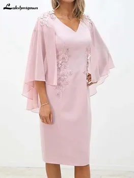 

Sheath / Column Mother of the Bride Dress Elegant V Neck Knee Length Chiffon Lace 3/4 Length Sleeve with Appliques 2020