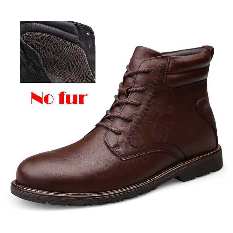 Мужские зимние ботинки на меху размера плюс, теплые мужские зимние ботинки из натуральной кожи, водонепроницаемые ботильоны на платформе - Цвет: brown no fur