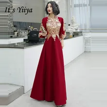 Это Yiiya вечернее платье с золотой вышивкой, кружевные вечерние платья размера плюс с v-образным вырезом, официальное платье с рукавами, халат de soiree LF089
