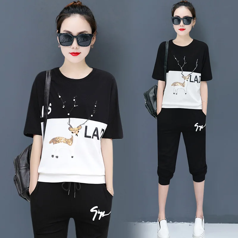 

2019 New Style Sports Clothing Women's Summer Casual Loose And Plus-sized Short Sleeve Set Summer Fashion Capri Pants Two-Piece