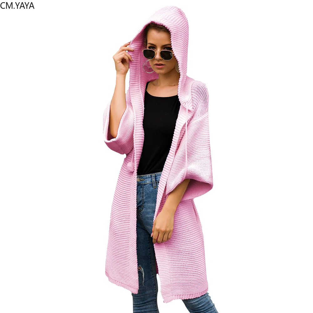 

Winter Autumn Women Elegant Wrist Sleeve Oversize Open Stitch Hooded Sweaters Vintage Streetwear Knitted Sweater Long Cardigans