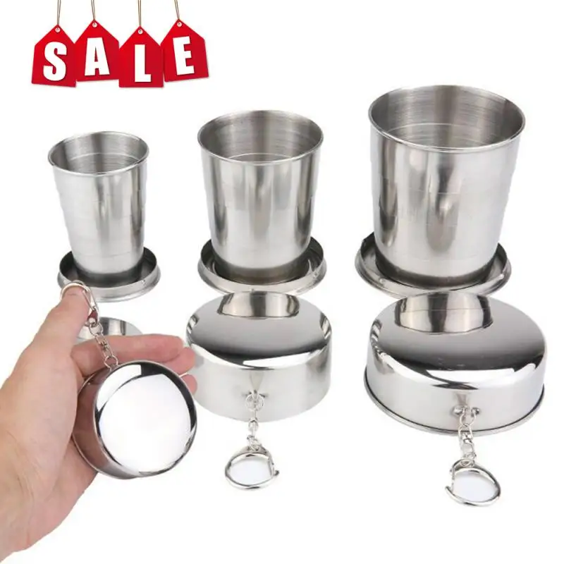 Stainless Steel Folding Cup With Keychain Camping Folding Cup Traveling Outdoor Collapsible With Lid Portable Drinkware folding cup