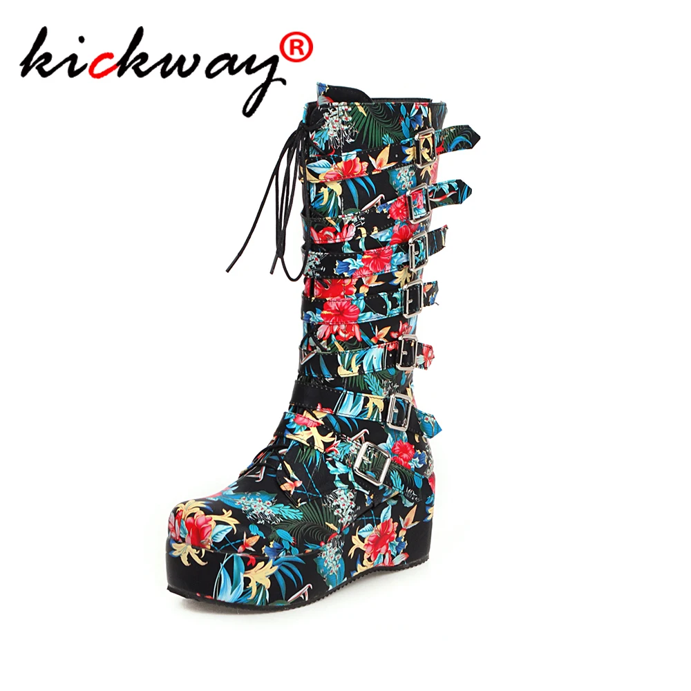 

Boots Women Round Toe Print Flower Boots Buckle Strap Pu Leather Mid Calf Boots Women Botines Luxury Botas Mujer Plus Size 34-46