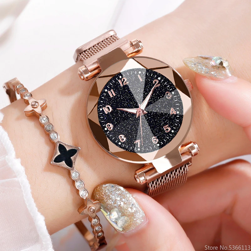 Роскошные женские часы, браслет, кварцевые часы из нержавеющей стали с подсветкой, магнитные часы для женщин, звездное небо, наручные часы, женские нарядные часы