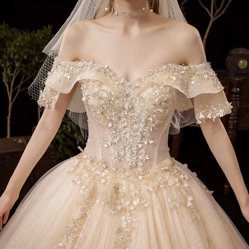 SSYFashion/Новинка; роскошное свадебное платье цвета шампанского; романтическое платье принцессы с вырезом лодочкой и блестками; свадебное платье трапециевидной формы с бисером; Vestido De Novia