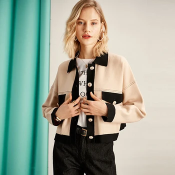 

Coat Women Jaket Viscose Blend Turn-down Neck Long Sleeve Patchwork Viscose Blended Short Coat Basic Jackets New Fashion