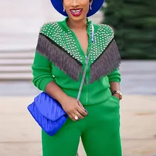 

2021 New Autumn and Winter Women Pants Sets Outwears Tops & Trousers Tassel Beaded Solid Fashion High Street Outfit Matching Set