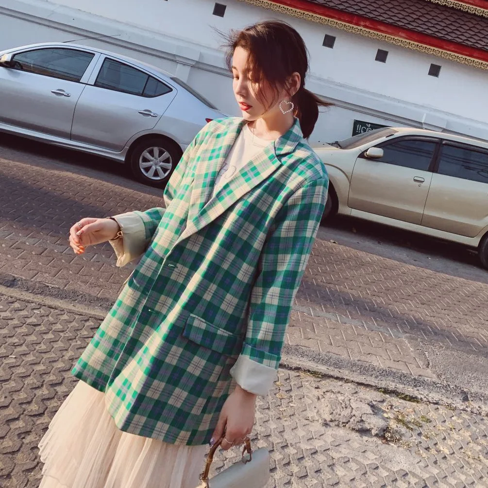 

Photo Shoot Main Push INS Autumn Clothing New Style Fresh Green Plaid Loose-Fit Single-Breasted Small Suit Ol Suit Coat Women's