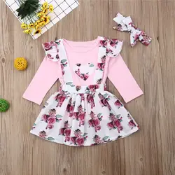 Комплект одежды для маленьких девочек из 3 предметов, розовая футболка с длинными рукавами для девочек, длинные штаны с цветочным принтом