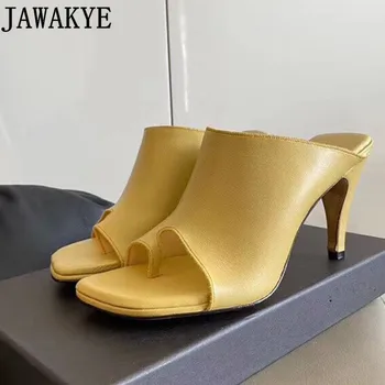 

New Designer Flip Flops Leather Mules High Heel Shoes Woman Yellow black ladies Slippers Runway Summer Sandals Sexy Party Shoes