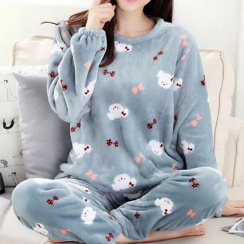

Pajama Women Winter Flannel Long-sleeved Thickening Plus Velvet Coral Fleece Cute Autumn And Winter Home Service Suit Women
